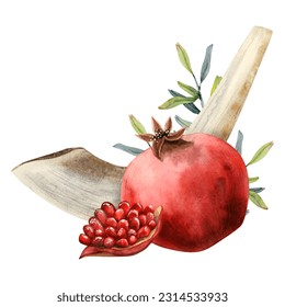 Pomegranate fruits with leaves and shofar ram horn for Jewish new year, Rosh Hashanah, Yom Kippur watercolor illustration isolated on white background. Best for invitation cards, gift package stickers - Powered by Shutterstock