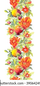 Pomegranate Fruits Red Flowers Seamless Floral Stock Illustration ...