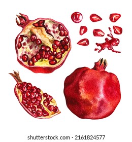 Pomegranate. Set of pomegranate fruits. Whole, cut and pomegranate kernels. Watercolor illustration.