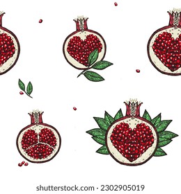 Pomegranates seamless pattern and cute hand drawn pomegranate fruits  heart shaped seeds inside  raster version