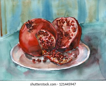 Pomegranates. Watercolor painting. Still life. Peeled pomegranates on a plate.