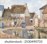 A Pond in Ennery (1874) by Camille Pissarro. Vintage pond in village art drawing, old illustration, village art print. Vintage artwork by Camille Pissarro.