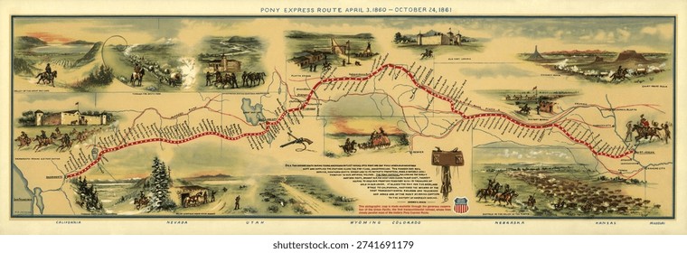 Pony Express map by William Henry Jackson; text by Howard R. Driggs, from The Pony Express Goes Through (1935). Vintage painting, art illustration, vintage artwork.