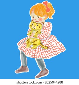 The Ponytail Girl Holds A Soft Toy Tiger 