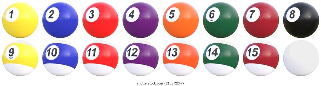 Pool balls with numbers collection isolated on white background. Realistic glossy snooker ball. Billiard ball set. Solids and stripes. Recreational sport. 3D rendering 3D illustration