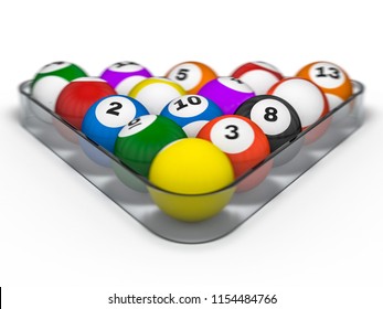 Pool billiard balls in starting position. 3D rendering