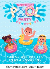 Pool Birthday Party Invite Poster With Kids With Inflatable Rings. Summer Swimming Event For Children. Cartoon Vacation  Advertising. Little Boys And Girls Having Leisure Activity