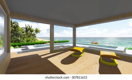 Pool and house by the ocean. 3D render