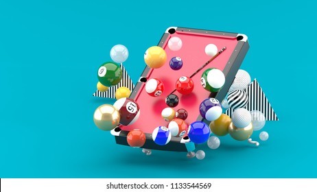 Pool table among the colorful balls on the blue background.-3d rendering.
