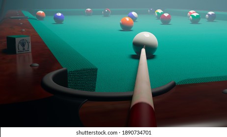A pool table in a dark room.  Visualization of a 3d scene. Illustration of a billiard table with a dark background.