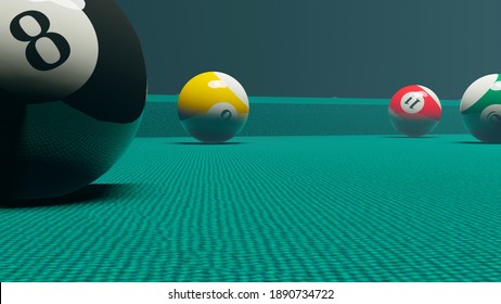 A pool table in a dark room.  Visualization of a 3d scene. Illustration of a billiard table with a dark background.