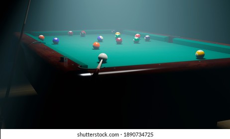 A pool table in a dark room.  Visualization of a 3d scene. Illustration of a billiard table with a dark background.