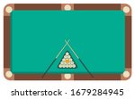 Pool table with set of billiard balls: 15 white shining balls with numbers,yellow cue ball, two crossed cues and a triangle.A kit of equipment for playing Billiards.Raster flat illustration