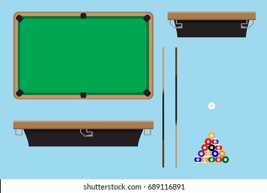 Pool Table Top Side. Billiard Table And Snooker Table, Game Room Snooker, Hobby Game Pool And Leisure Snooker Competition.  Flat Design Illustration