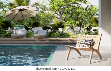 Pool villa resort landscape design and decoration with beach chair and umbrella, wooden chair on patio, 3d rendering pool side.