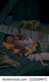 Poor Black Boy Sleeping Among Dogs - Poverty