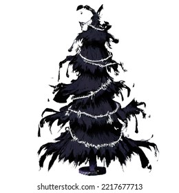 Poor Christmas: Digital Illustration Of A Black, Poor And Sinister Christmas Tree