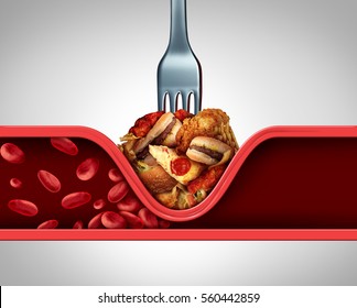 Poor circulation food and cause of clogged artery or human vein as a fork with greasy fast food causing narrowing of arteries blocking blood flow to the heart or organs with 3D illustration elements.
