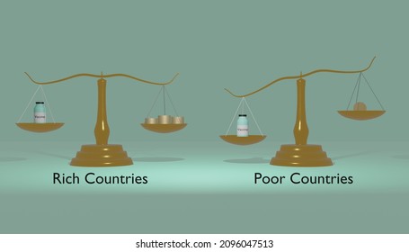 Poor Countries Vs Rich Countries In Terms Of Vaccine Availability And Finances. Vaccine Cost Shown With A Golden Scale And Coins. 3d Render.