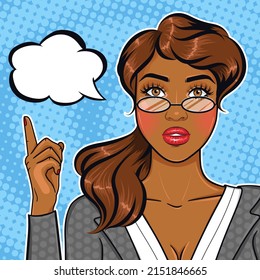 Pop Art African American Businesswoman In Glasses Pointing Finger On Speach Bubble For Your Offer Or Announcement, Cartoon Business Lady Advising Concept In Retro Comic Style