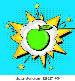 Pop Art Background. Blast Text Bubble. Proper Nutrition, Green Apple. Raster Illustration