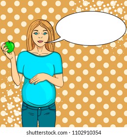 Pop Art Background Is Green. Pregnant Woman On The Ninth Month. Holds An Apple In His Hand, Calls For Proper Nutrition. Raster Illustration, Retro Style. Text Bubble