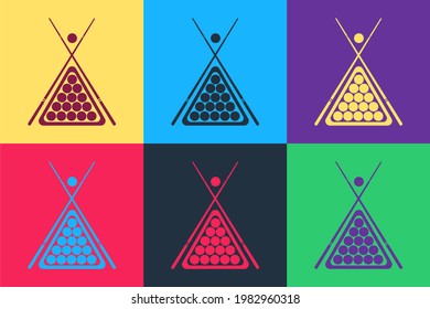 Pop art Billiard cue and balls in a rack triangle icon isolated on color background.