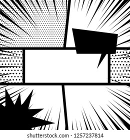 Pop Art Black White Empty Backdrop Mock Up. Illustration Halftone Dot Mockup For Comic Text. Silhouette Boom Explosion. Speech Bubble Balloon. Comics Book Monochrome Template Background.