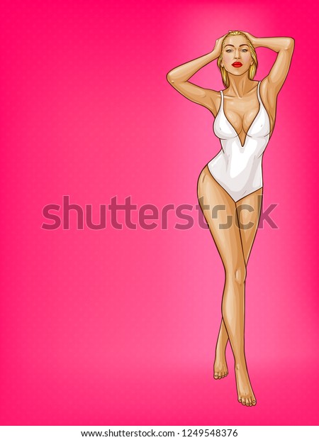 Pop Art Blonde Woman With Wet Hair Blue Eyes In White One Piece