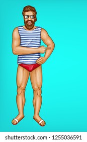  Pop Art Brown Haired Man With Beard In Striped Shirt, Red Swim Trunks. Cheerful Guy Points With Finger At Summer Sale, Discounts. Athletic Character On Blue Background. Sale, Ad Poster, Banner