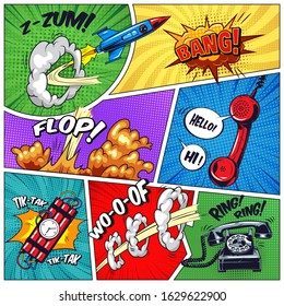 Pop art colorful concept with phone dynamite flying rocket wordings speech bubbles explosive effects on colorful frames in comic style illustration