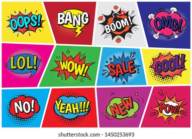 Pop Art Comic Speech Cartoon Bubbles In Popart Style With Humor Text Boom Or Bang Bubbling Expression Asrtistic Comics Shapes Set Isolated On Background Illustration