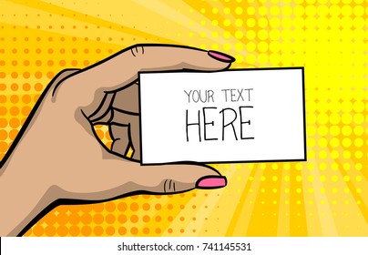 Pop Art Comic Text Cartoon Girl Woman Hand Show Empty Speech Bubble, Business Card. Human Wow Poster Halftone Dot Background. Gesture Advertisement Arm Popart Illustration.