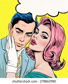 Pop Art couple conversation. Vintage man and woman hugging and holding each other.