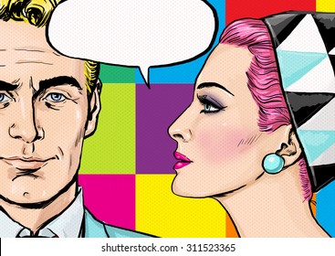 Pop Art Couple Conversation. Vintage Woman Is Looking And Talking With Man