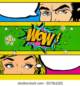 Pop Art Couple Conversation. Vintage Man And Woman Are Looking And Talking In Comics Style.