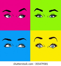 Pop Art Eyes Cover Design. Fashion Advertisement Illustration With Eyes Showing Different Emotions