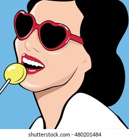 Pop Art Girl With Candy.Party Invitation. Birthday Greeting Card.Hollywood Movie Star.Vintage Advertising Poster. 