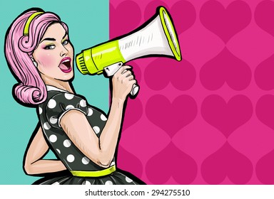 Pop art girl with megaphone. Woman with loudspeaker. Lady announcing discount or sale. Shopping time. Protest, meeting, feminism