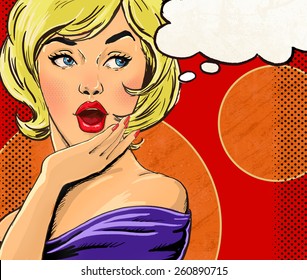 Pop Art Illustration Of Blond Party Girl With Thought Bubble. Vintage  Advertising Poster Or Card Of Comic Woman With Open Mouth.