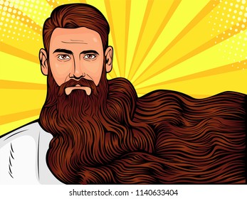 Pop Art Illustration Of A Brutal Bearded Man, Macho With Very Long Beard Over All Image