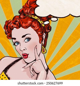 Pop Art illustration of curly woman with the speech bubble. Party invitation or birthday greeting card design.