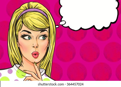 Pop Art illustration of girl with the speech bubble.Vintage  advertising poster or flayer of comic thinking woman with the hand