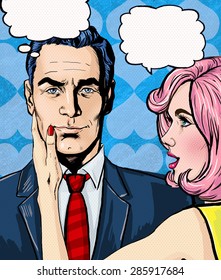 Pop art illustration of man with amazed woman holding hand on his face speech or thought bubble. Advertising poster of couple for movie or Valentines day celebration.