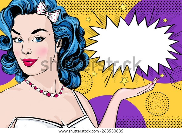 漫画のスピーチバブルを持つ女性のポップアートイラスト パーティーへの招待または広告ポスターデザイン のイラスト素材
