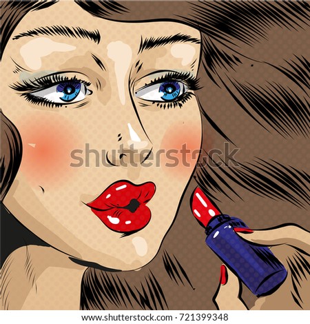 Pop art illustration of woman painting her lips with red lipstick. Beautiful woman applying make-up in retro pop art comic style.