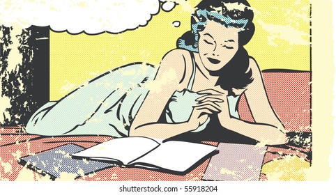 Pop Art Illustration Of A Woman Reading On A Bed