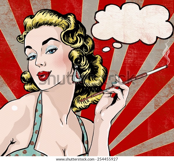 吹き出しとたばこを持つ女性のポップアートイラスト ハリウッド映画やたばこ会社のビンテージ広告ポスターで 漫画風の魅力的な女性モデルを持つ のイラスト素材