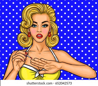  Pop Art illustration of a young sexy woman paints her nails on her hand.