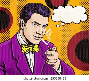 Pop Art Man Smoking Cigarette With Speech Bubble. Party Invitation In Secret Agent Movie Style. 